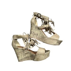 Maurices Fringe Wedge‎ Sandals 8 Tan Suede Lace Up Cork Platform Boho Western